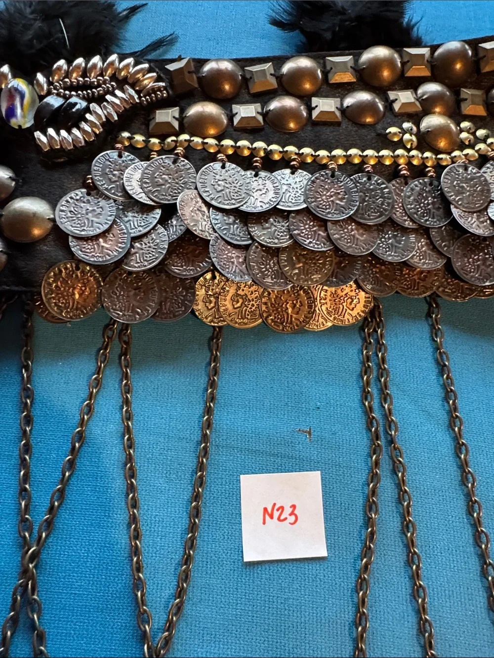 Black Beaded Coin Fringe Belly Belt with Feather Accents